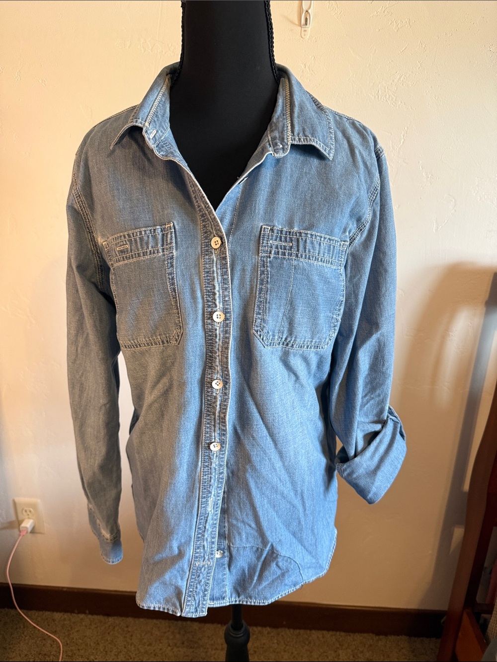 Duluth Trading Co Light Blue Denim Button-Down Shirt